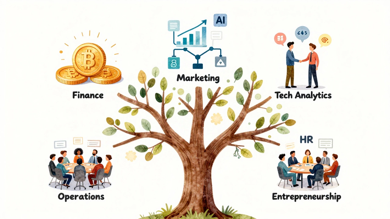 A branching tree with six labeled branches representing top MBA majors, each blooming with industry-specific icons.