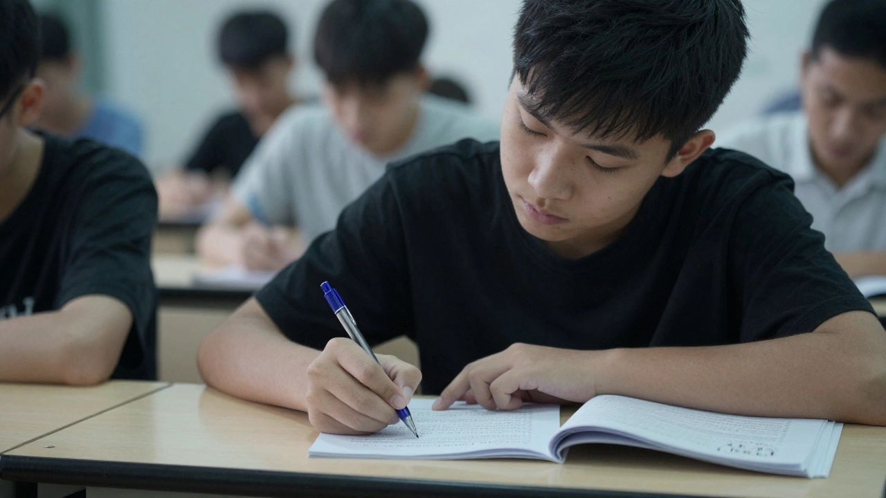 A calm student writing in an exam hall, focused and undisturbed by surrounding tension.