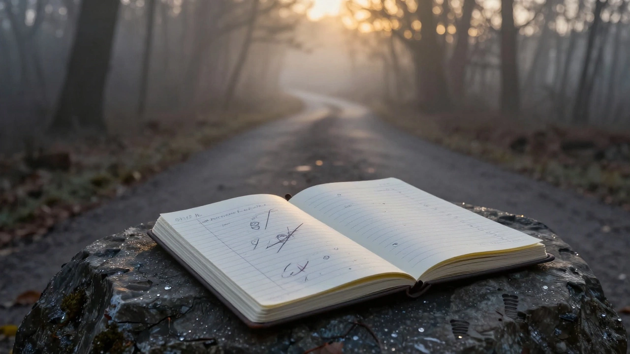 A lone notebook on a forest path at sunrise, symbolizing quiet progress and personal growth.