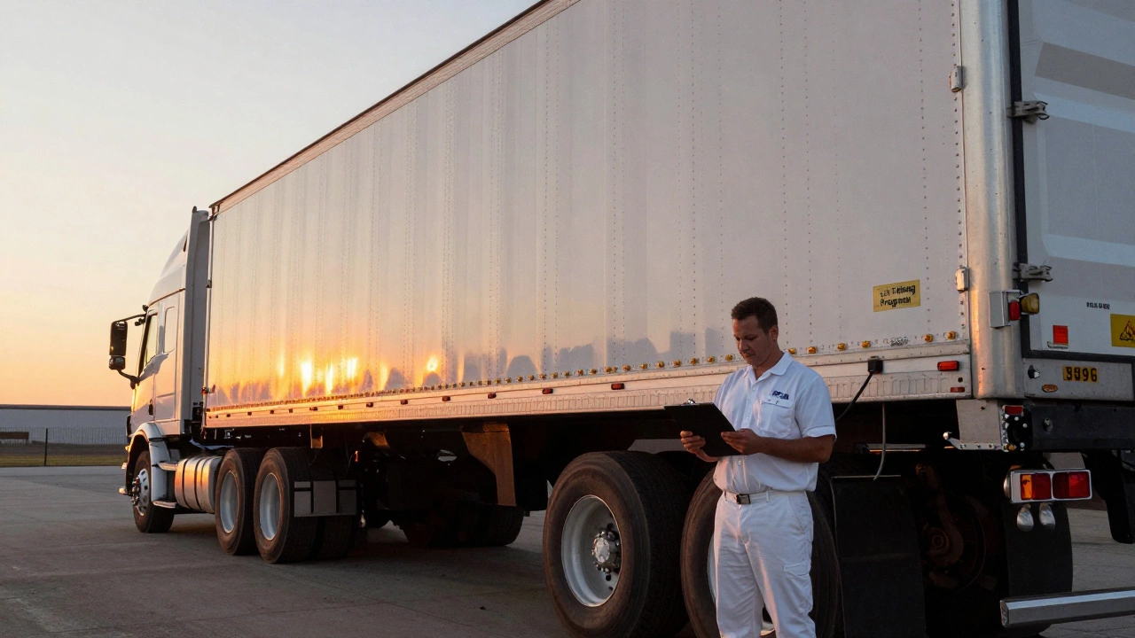 A new truck driver inspecting brake lines beside a large semi-trailer at sunrise.