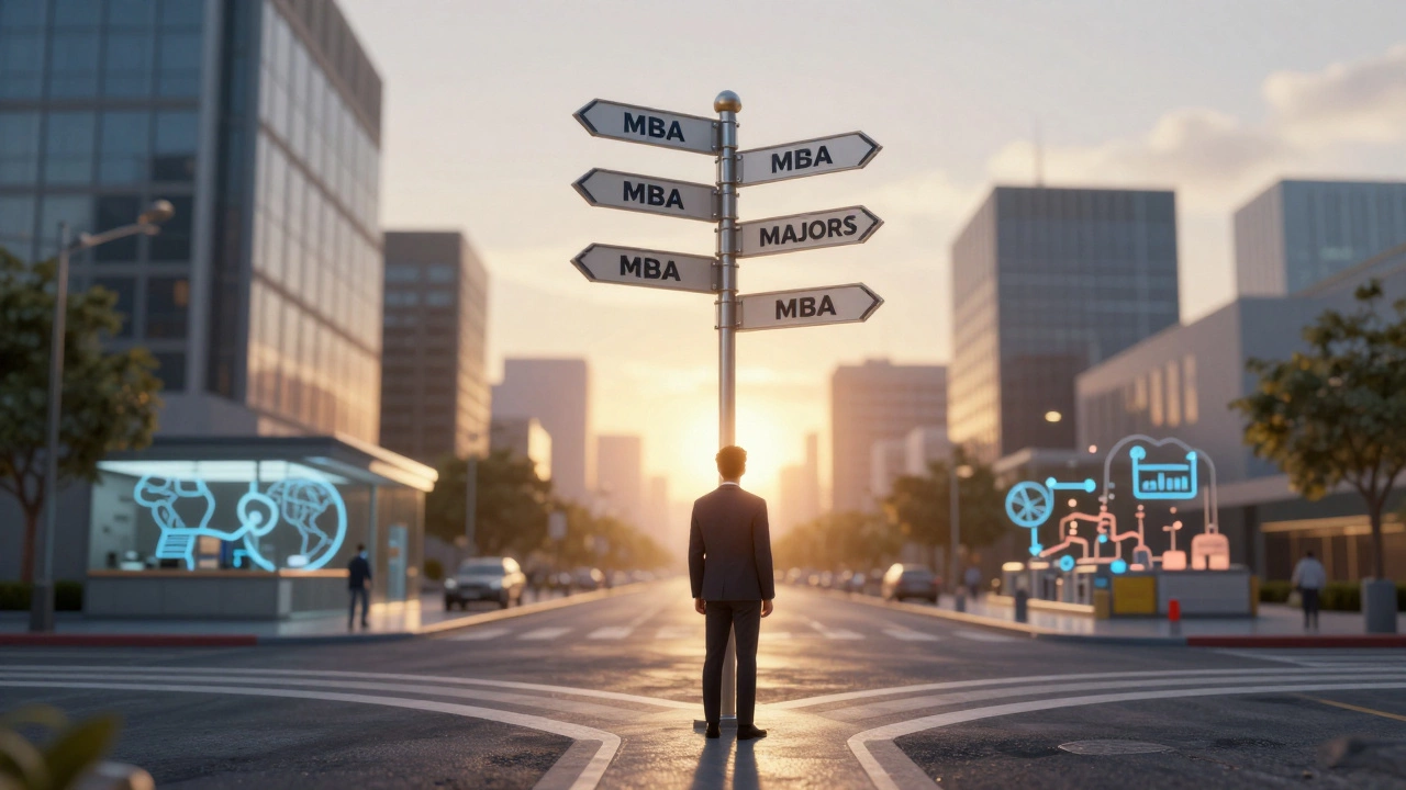 A person at a crossroads with six MBA major paths, leading toward a sunrise over a city skyline.