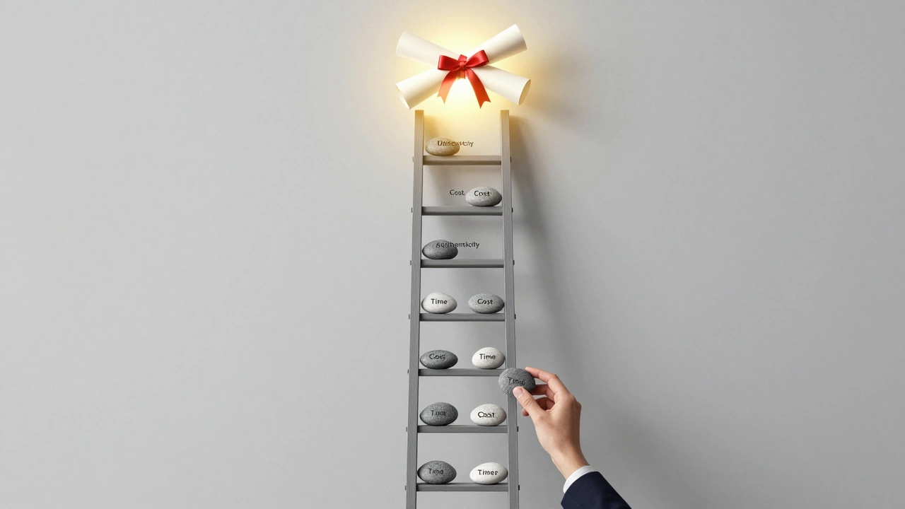 A symbolic ladder with weighted stones climbing toward an MBA diploma, representing careful planning.