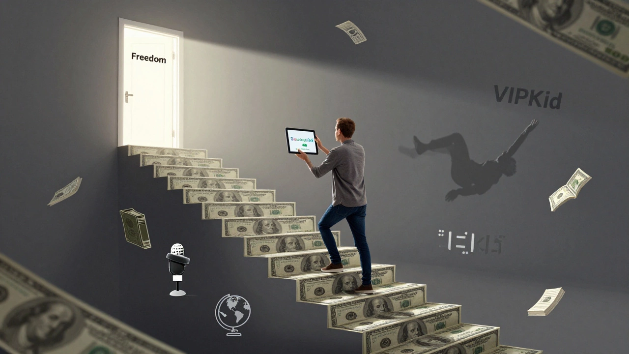 A symbolic staircase of money and education icons leading to a glowing door labeled &#039;Freedom&#039;, representing high-income online teaching.