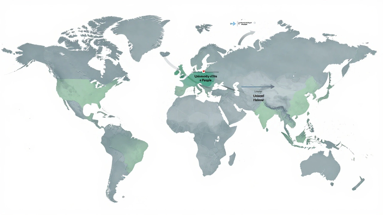 A world map showing global pathways to affordable online college courses and credit transfers.