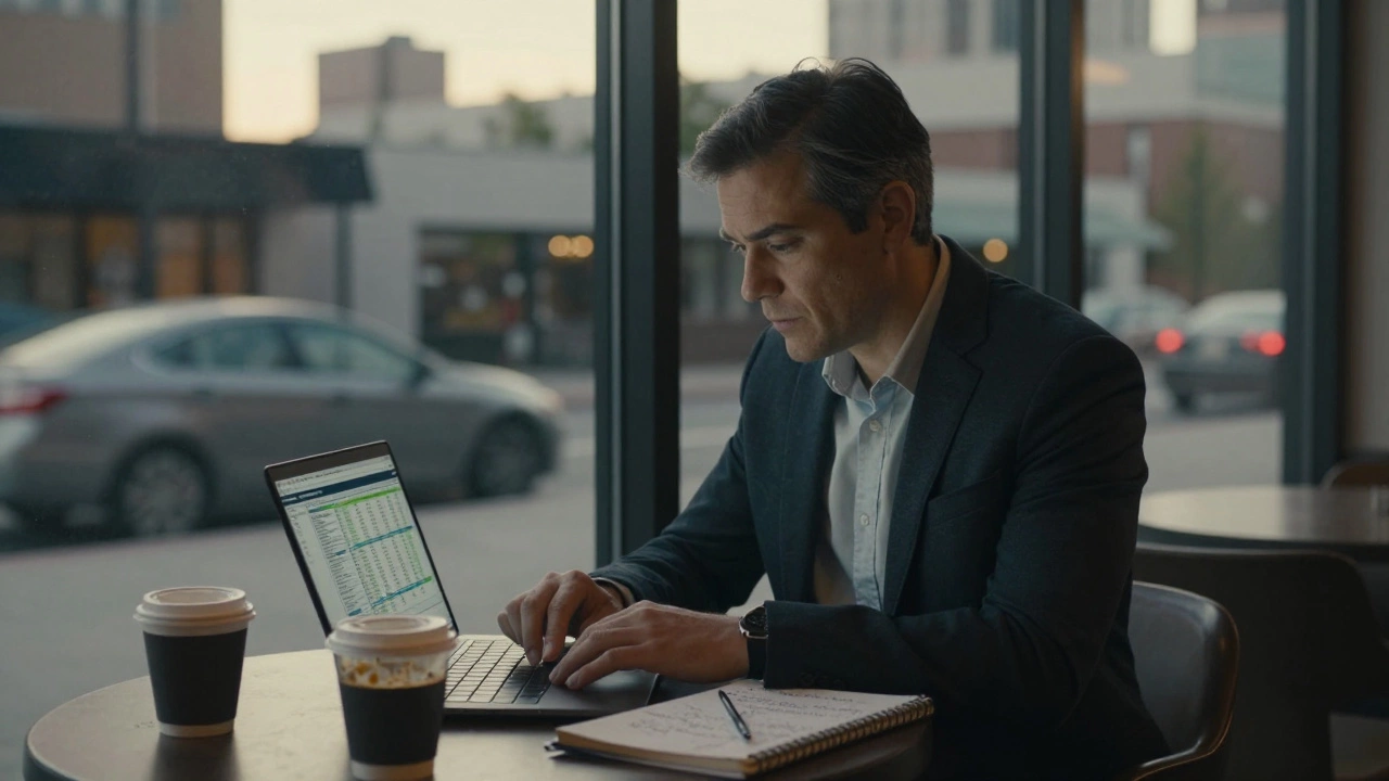An older professional working on a financial model at a café during dusk.