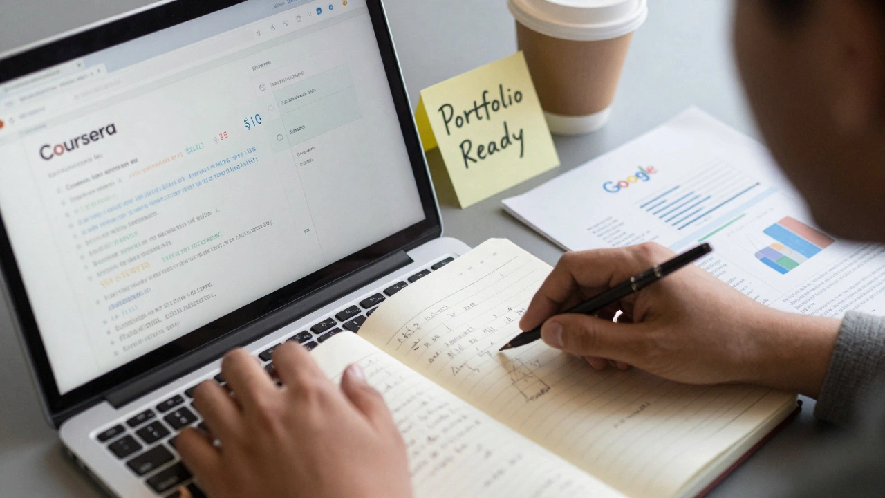 Close-up of hands interacting with a data analysis lab interface, with a notebook and certificate on desk beside coffee.