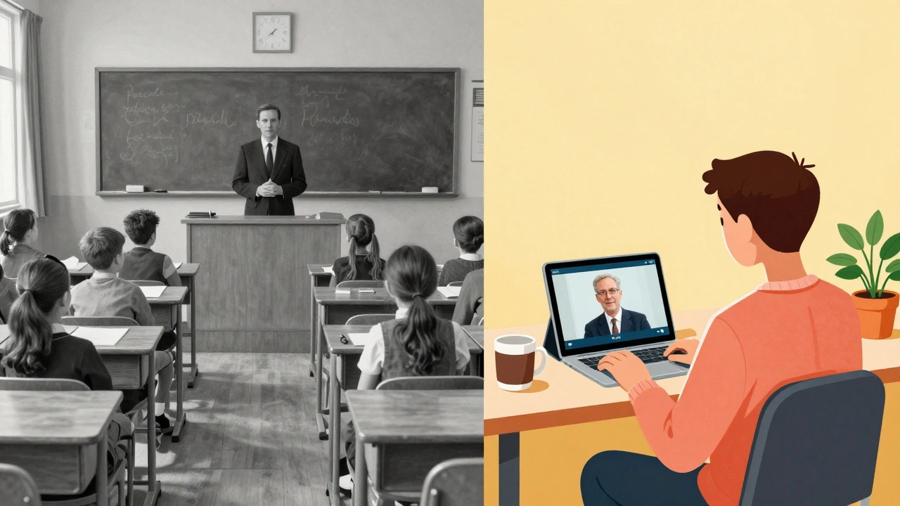 Contrasting old-fashioned classroom with modern home learning setup, showing educational evolution.