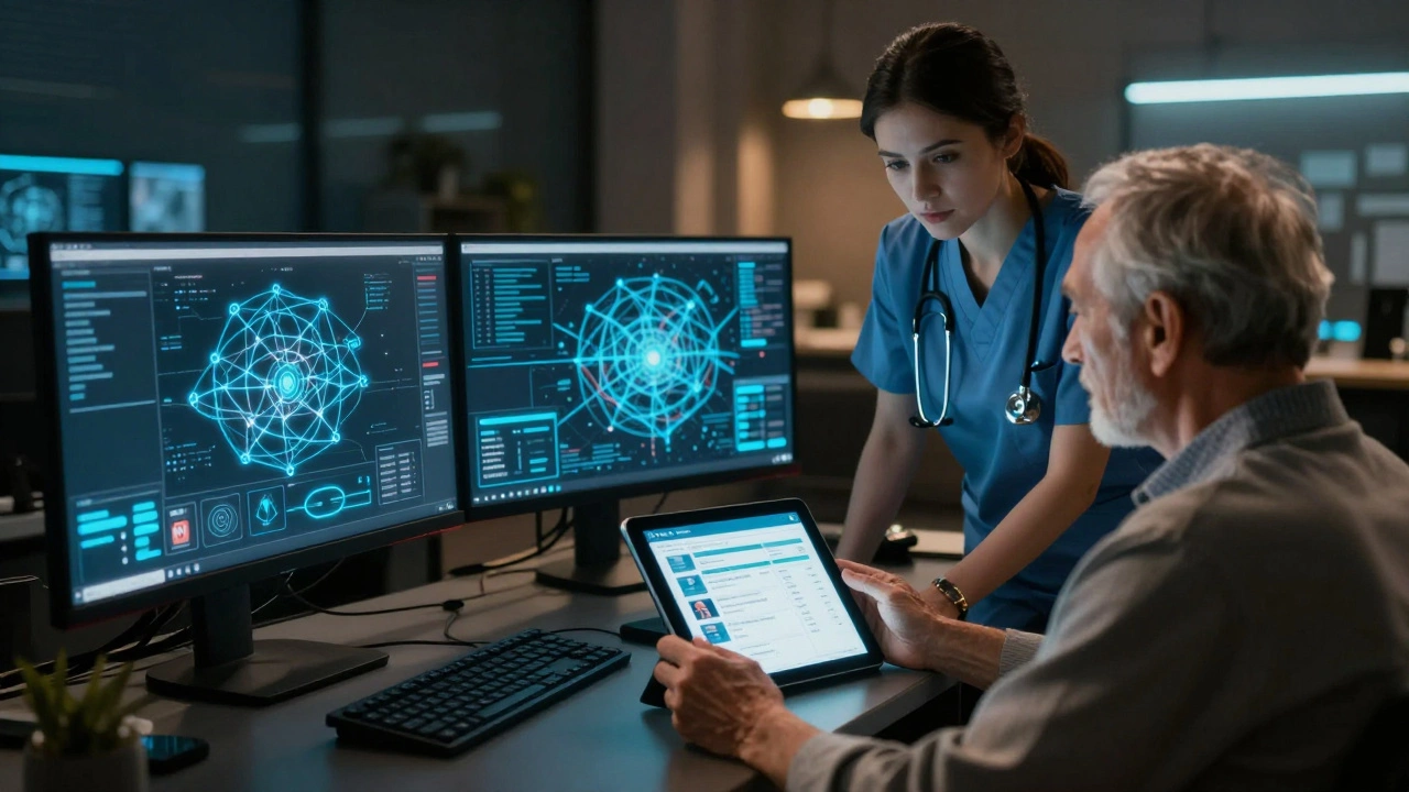 Cybersecurity analyst monitoring networks while healthcare worker assists patient using digital tools.
