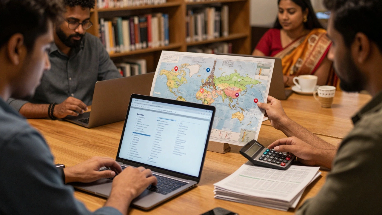Diverse applicants researching global MBA programs with maps, laptops, and application costs visible.