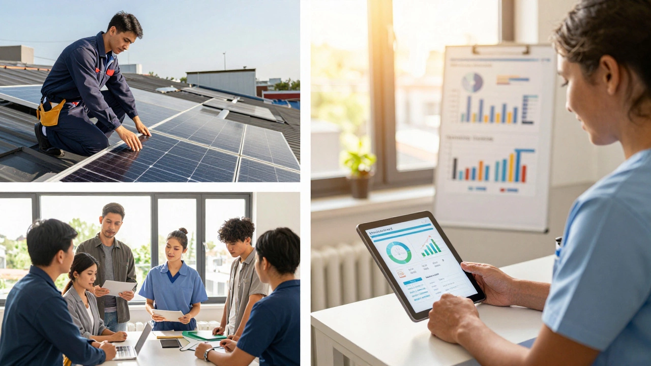 Electrician installing solar panels, data analyst presenting charts, and caregiver reviewing digital records.