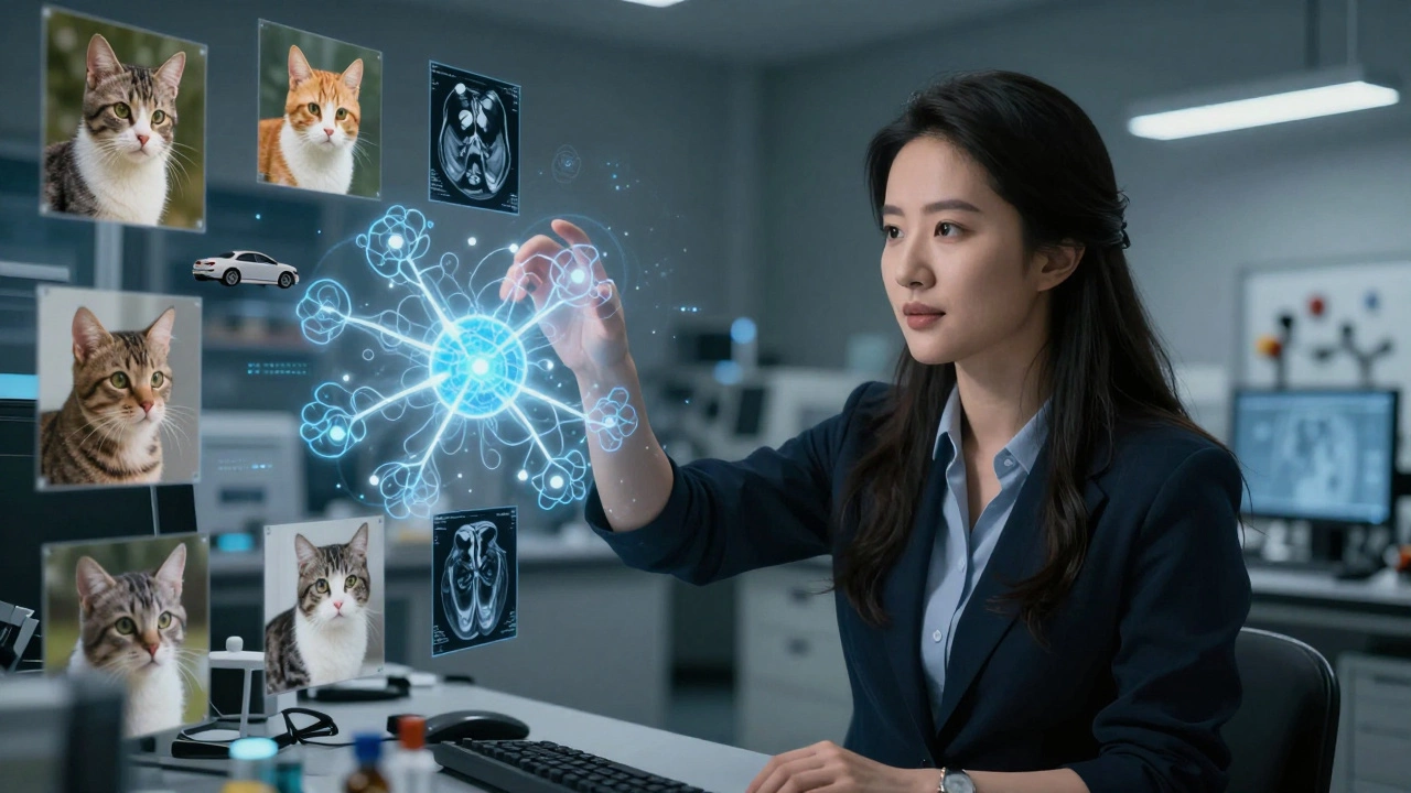 Fei-Fei Li in lab surrounded by AI-generated images from ImageNet dataset.