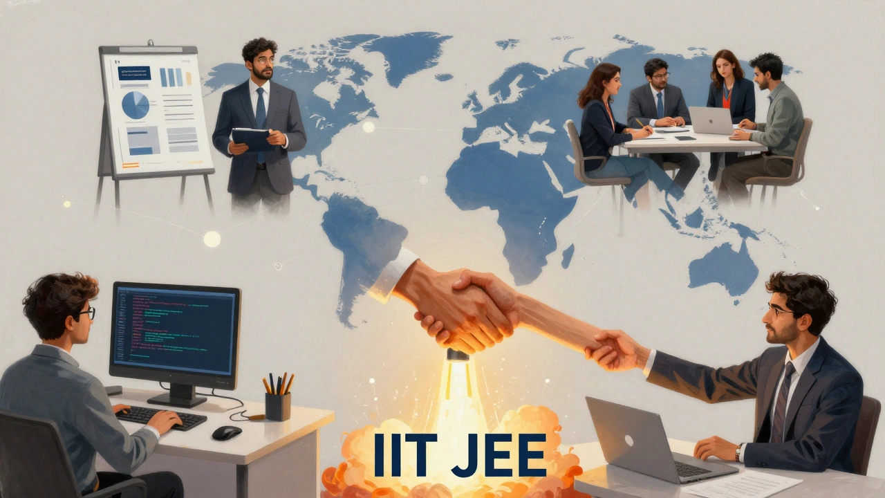 Five IIT alumni across US cities connected by glowing launchpad labeled &#039;IIT JEE&#039;.