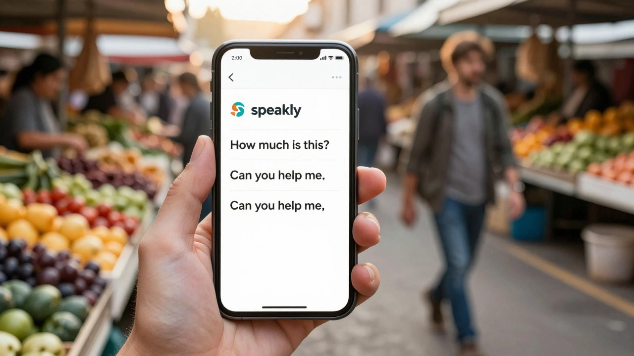 Someone practicing English phrases aloud while walking through a busy market.
