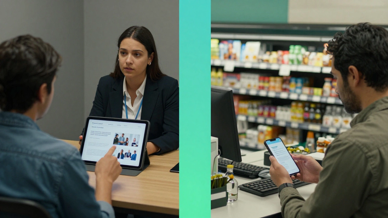 Split image: person in job interview showing project portfolio, contrasted with their earlier role at a grocery store.