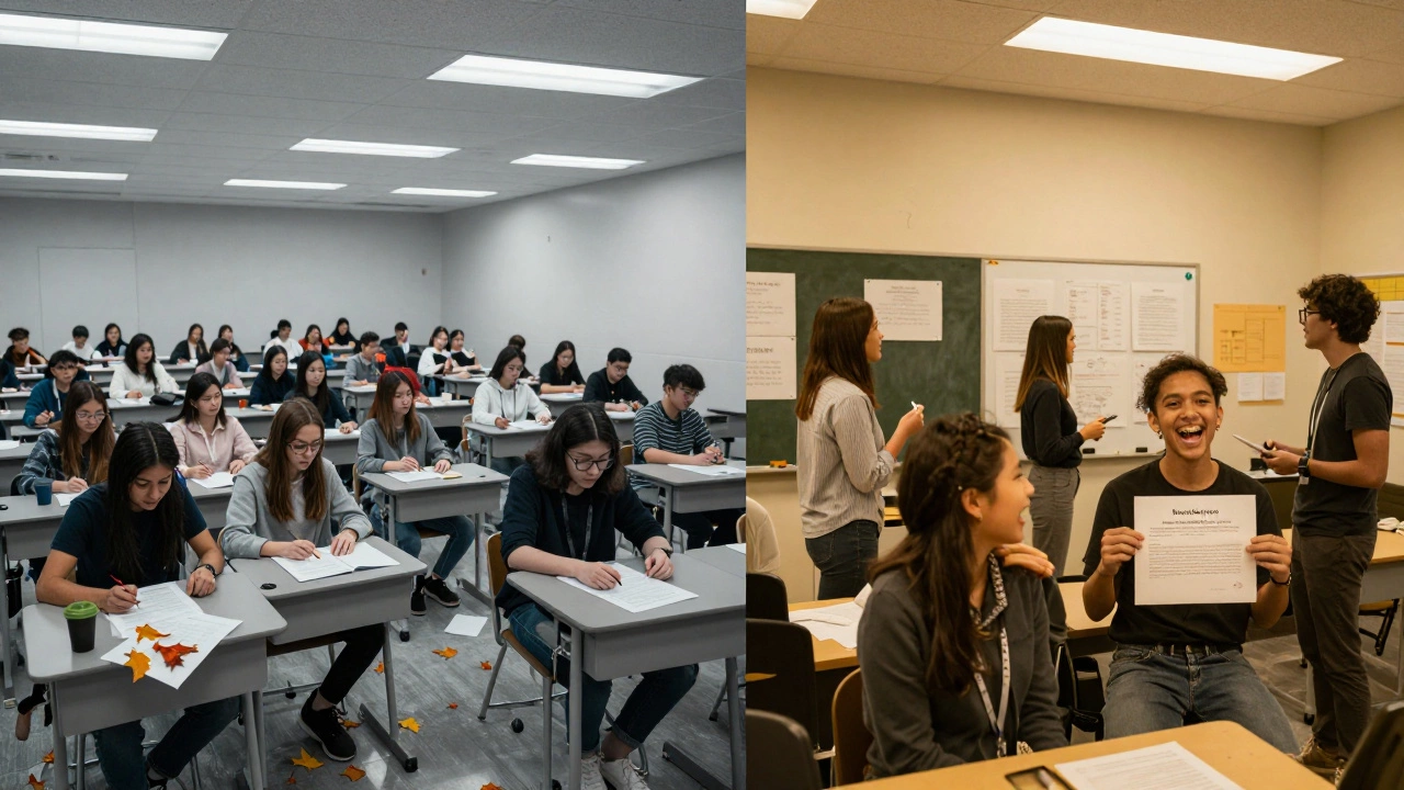 Split image: silent exam hall on left, lively American classroom on right, symbolizing different education systems.