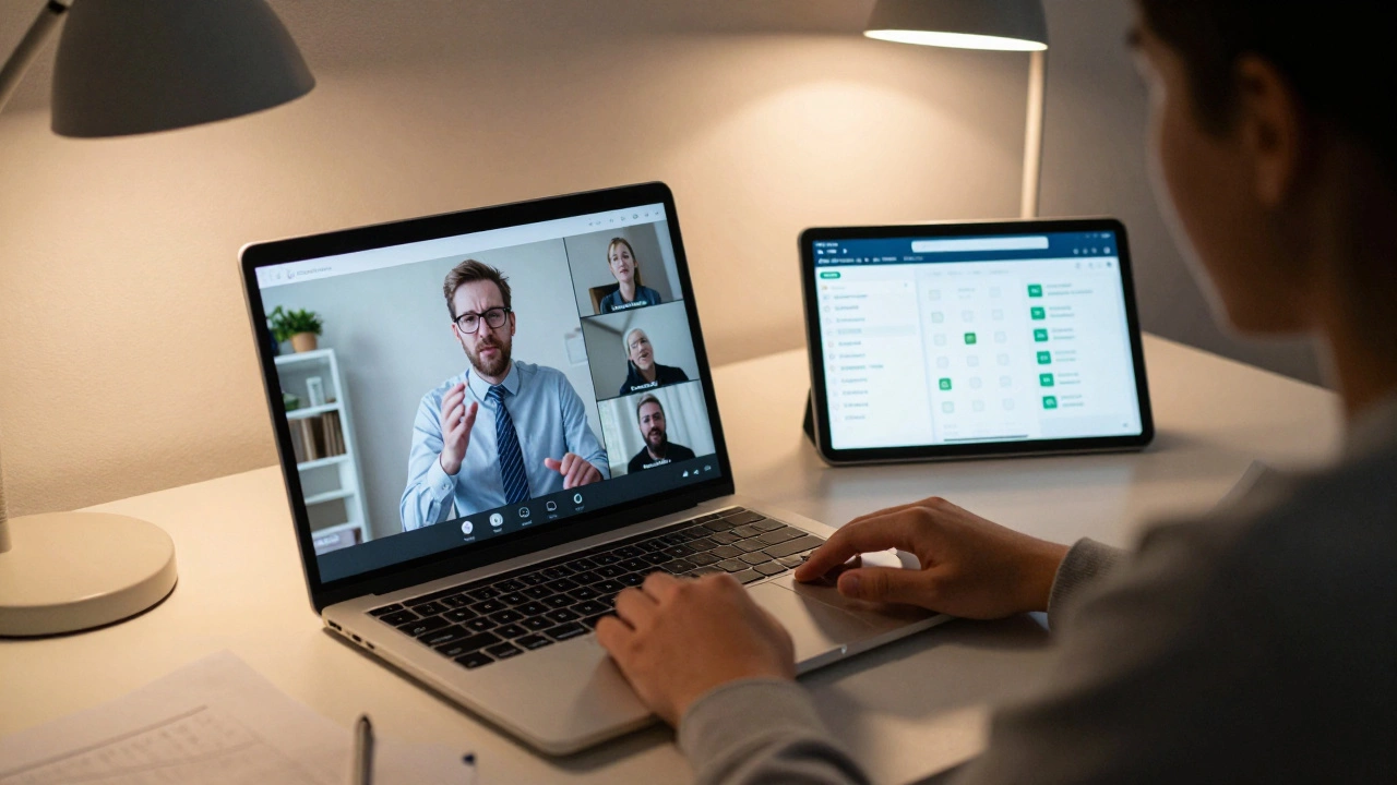 Student studying at night with Zoom meeting on laptop and eLearning course dashboard on tablet, illuminated by desk lamp.