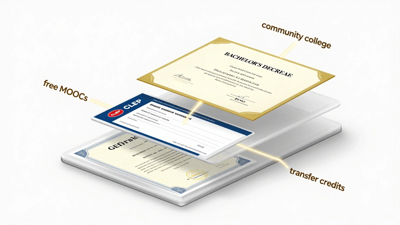 Three layered credentials—GED, CLEP, degree—connected by threads representing low-cost education steps.