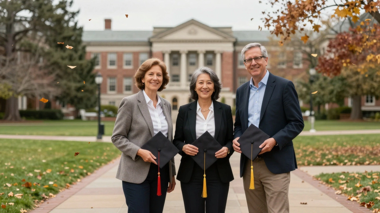 Three professionals over 50 celebrating their MBA graduation on campus.