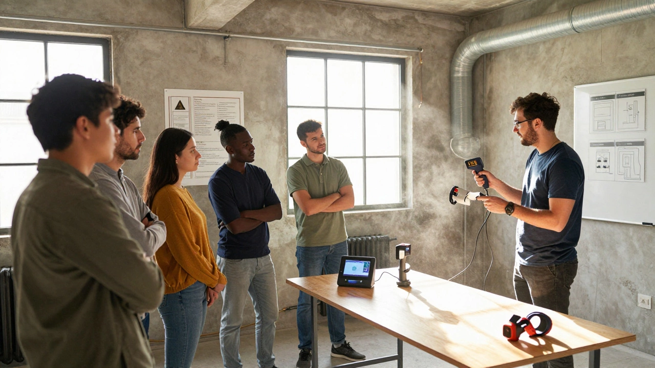 Trainees observing an HVAC instructor using diagnostic tools in a well-lit classroom setting.
