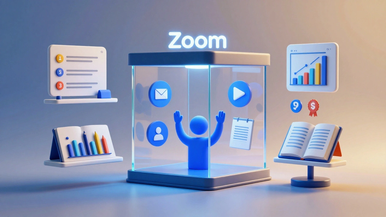 Transparent Zoom box with video icons surrounded by learning elements like quizzes and progress charts in a surreal digital scene.