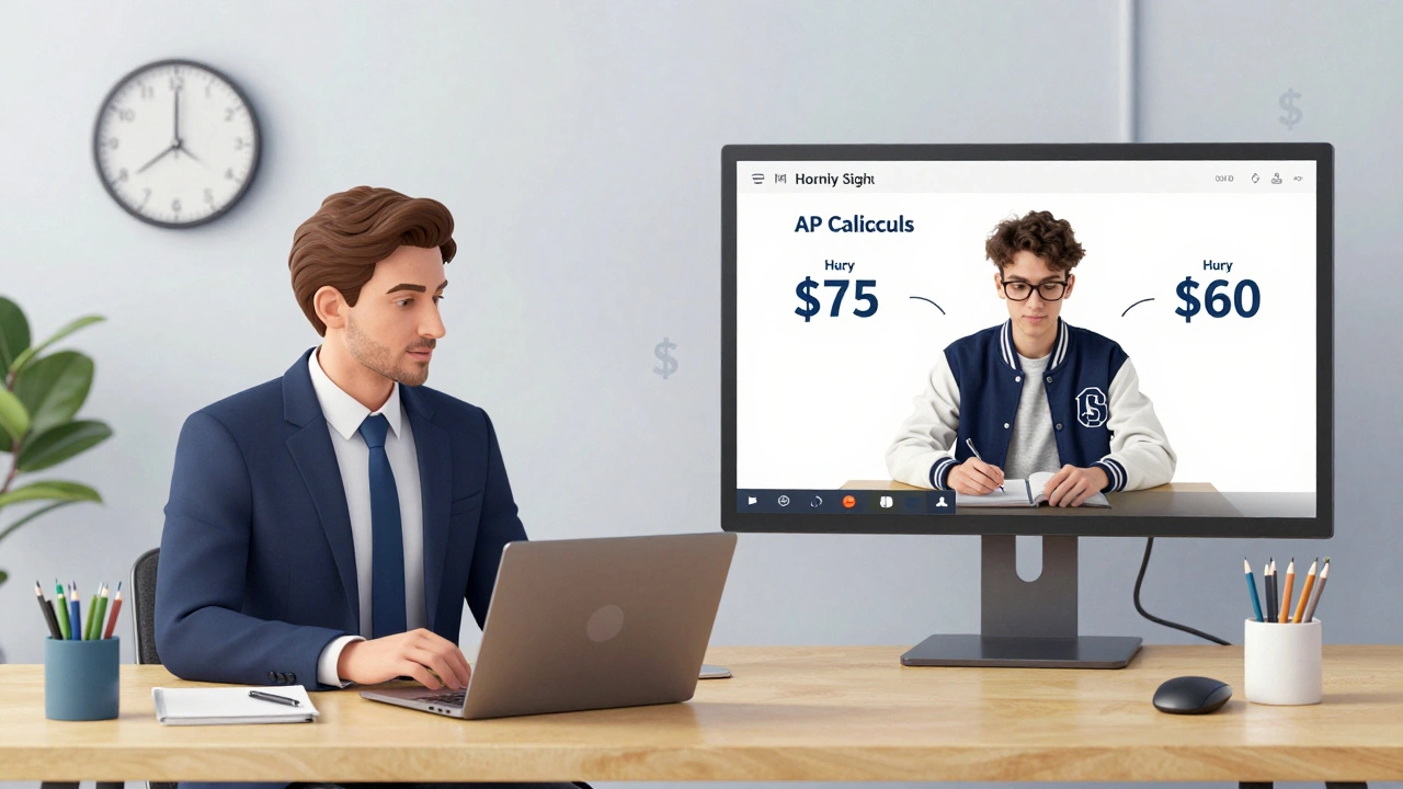 Tutor simultaneously teaching business English to a professional in Germany and AP Calculus to a student in the U.S. via split-screen.