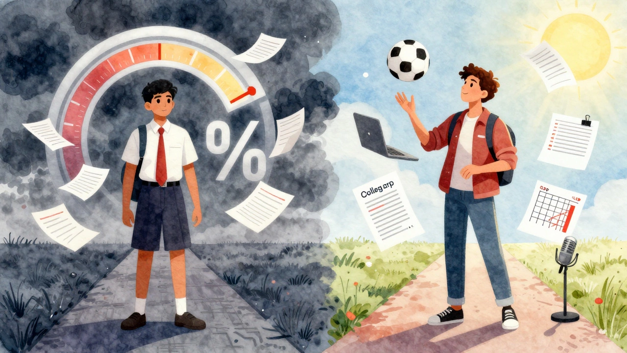 Two students side by side: one overwhelmed by exam pressure, the other balancing academics and extracurriculars.