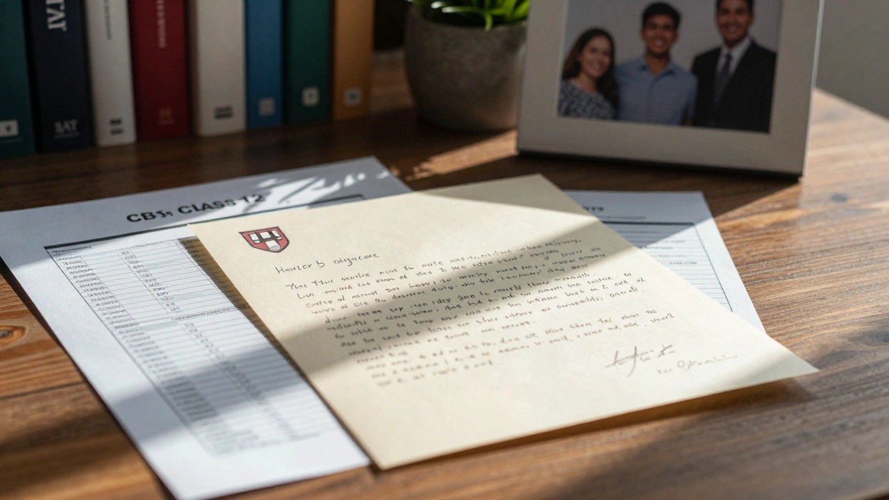 A Harvard admissions letter beside a CBSE marksheet and SAT score, illuminated by sunlight on a wooden table.