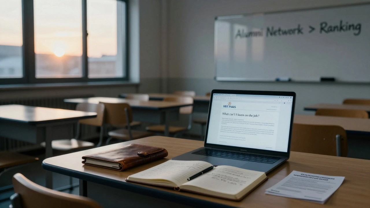 An empty classroom at dusk with a notebook, acceptance letter, and scholarship check on a desk, sunlight streaming through windows.