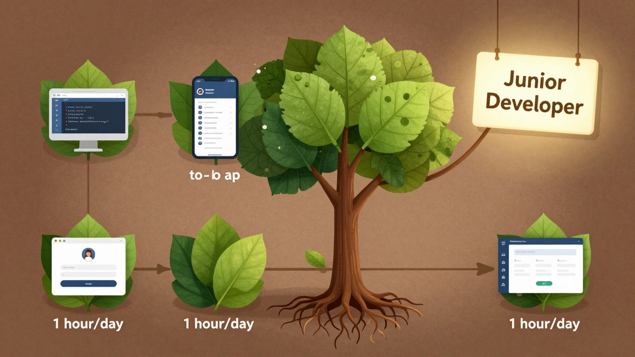 Calendar growing into a tree with coding projects as leaves, roots labeled '1 hour/day'