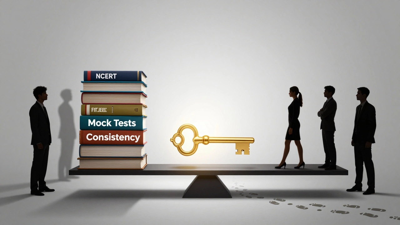 Conceptual scale balancing study materials against a golden key labeled 'Consistency', leading to a stethoscope.