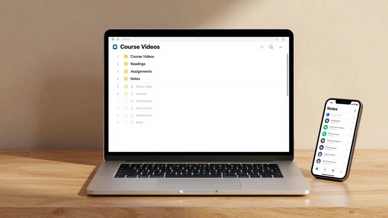 Organized digital folders and notes on a laptop screen with a phone beside it.