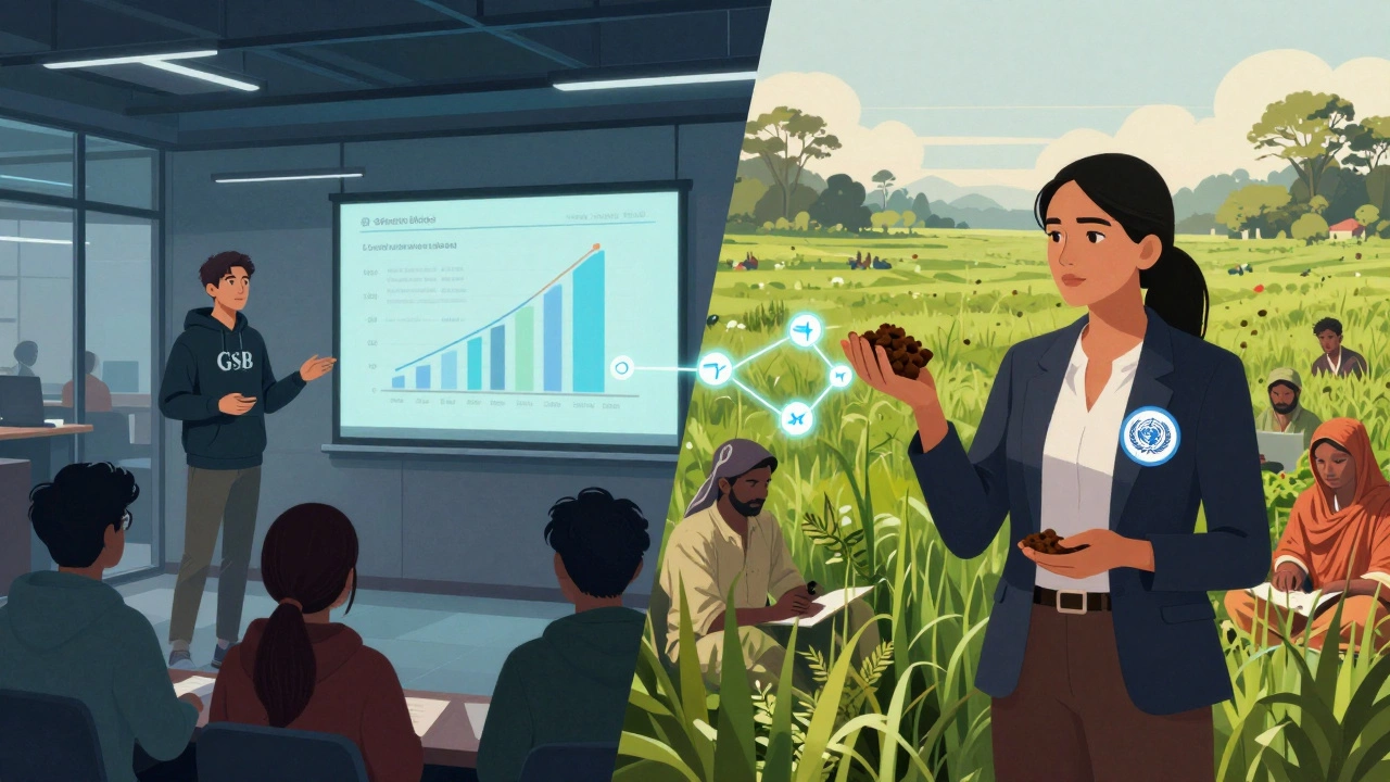 Split scene: a tech pitch in Silicon Valley and a sustainability workshop in rural India, connected by data streams.
