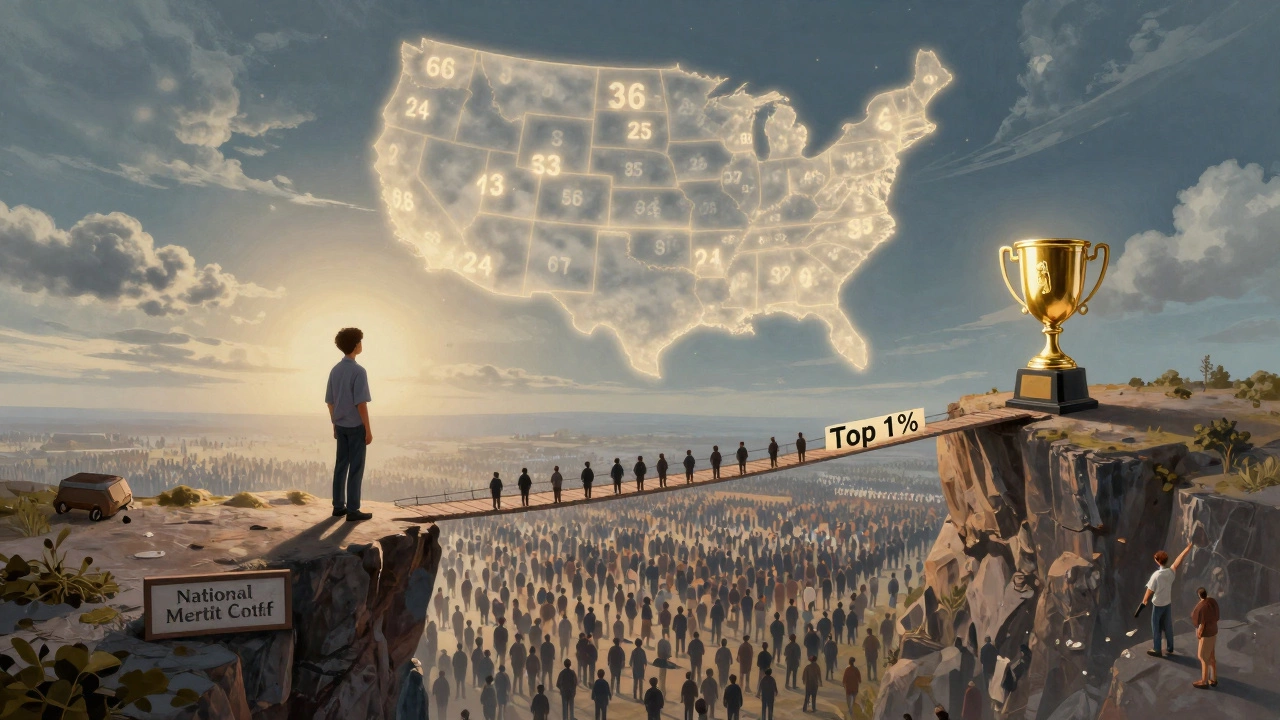 Student standing at a cliff edge facing a valley of peers, with a narrow bridge leading to a National Merit trophy