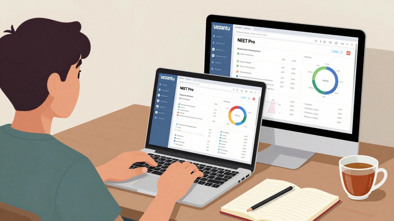 Student studying NEET online with laptop showing live class and performance analytics, notebook and tea nearby.