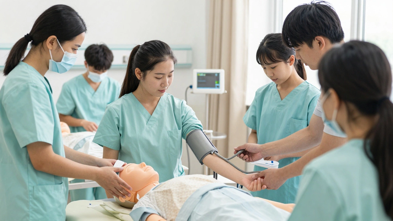 Students learning healthcare skills in a hospital training environment with supervisor watching.