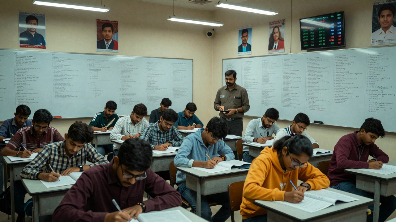 Students writing answers in a coaching center as an instructor observes, whiteboards full of UPSC notes.