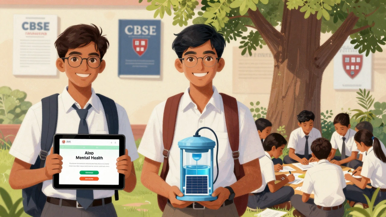 Three Indian students showcasing community projects: an app, a solar device, and a tutoring session under a tree.