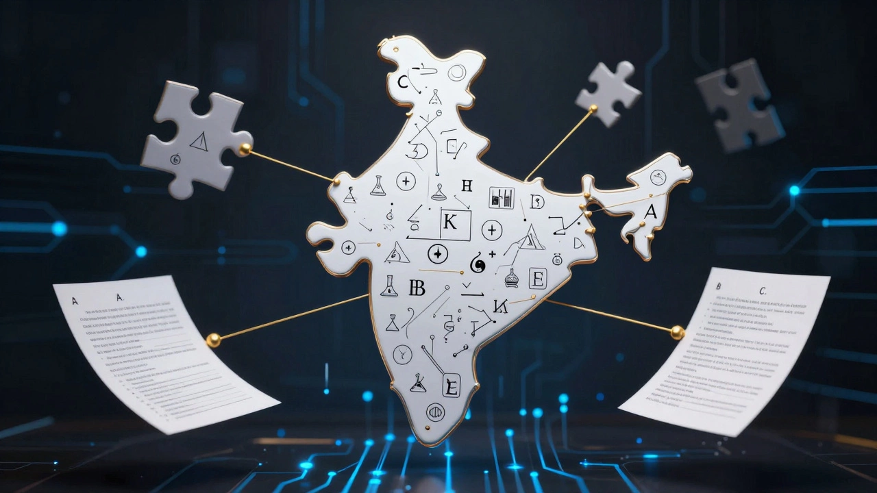 Three shuffled CBSE paper sets connected by golden threads forming a map of India.
