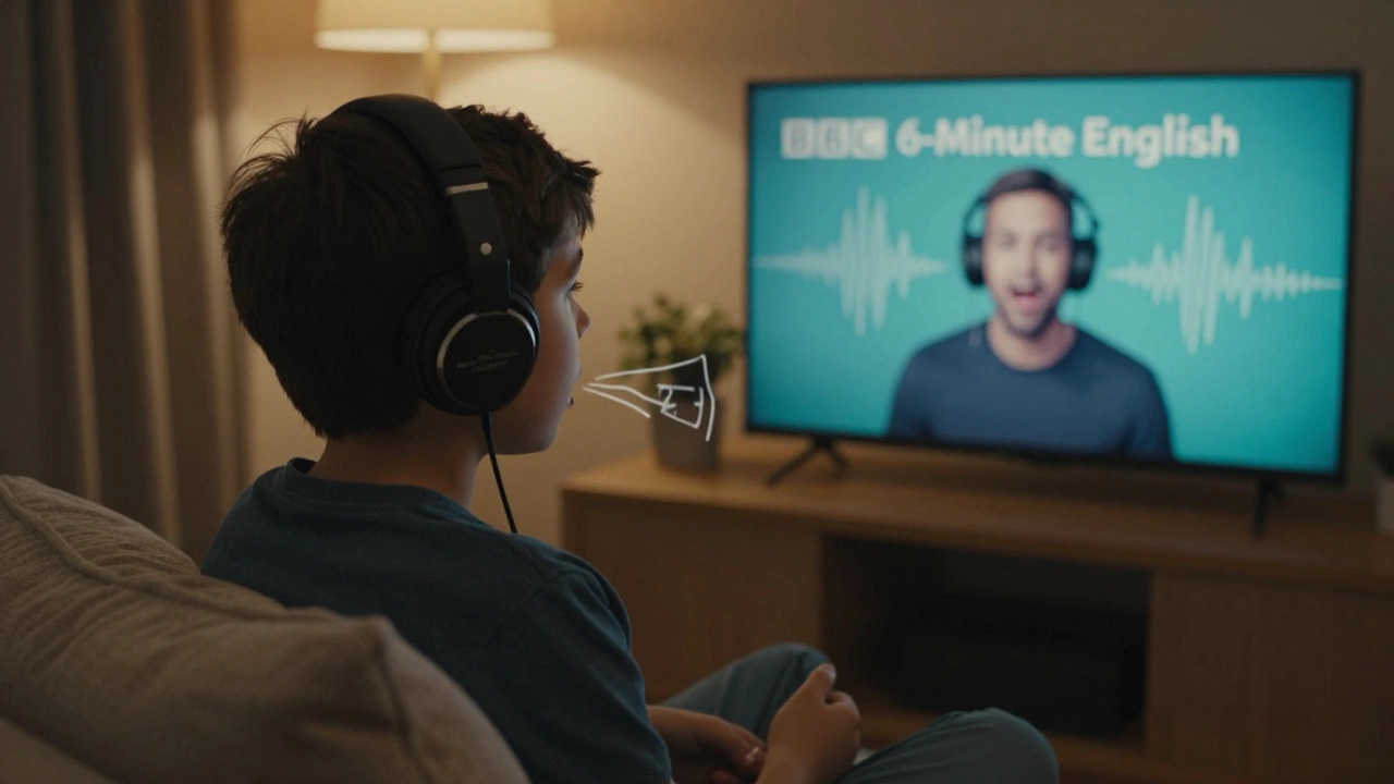 A learner practicing English by shadowing a podcast speaker with headphones on.