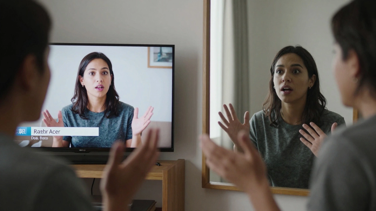 A person practicing speaking by mimicking a TV speaker, side by side, in quiet morning light.