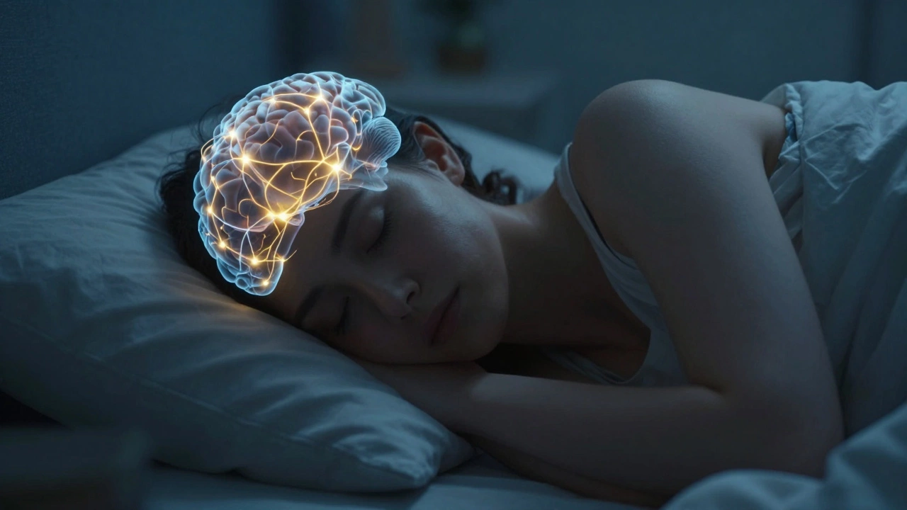 A person sleeping as soft audio plays, with glowing brain connections symbolizing memory consolidation.