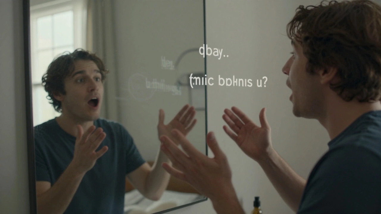 An adult speaking aloud to a mirror, practicing a new language with visible soundwaves.