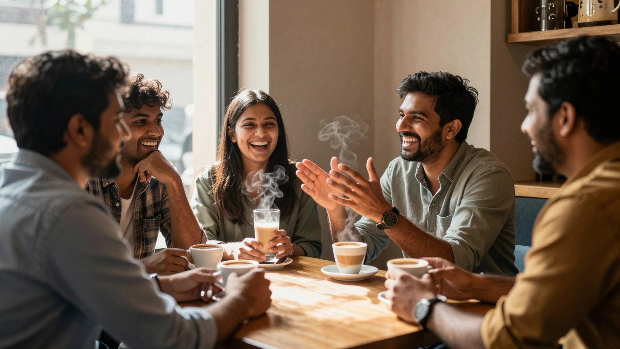 Friends chatting naturally in a café, laughing while speaking English in a relaxed, real-world setting.