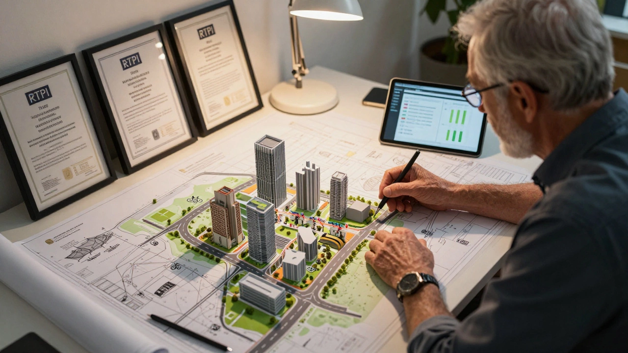 Urban planner analyzing a 3D city model with sustainability plans and blueprints.