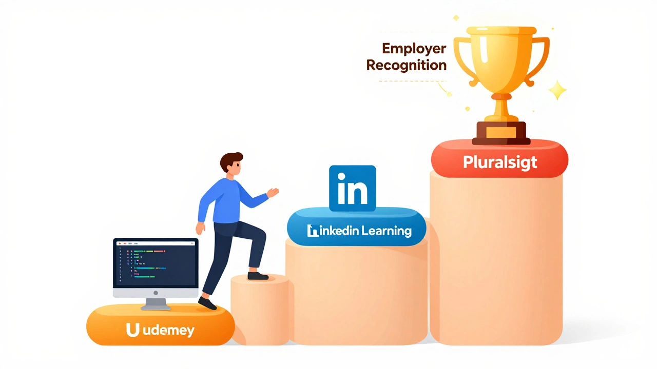 A career progression staircase with online learning platforms leading to employer recognition at the top.