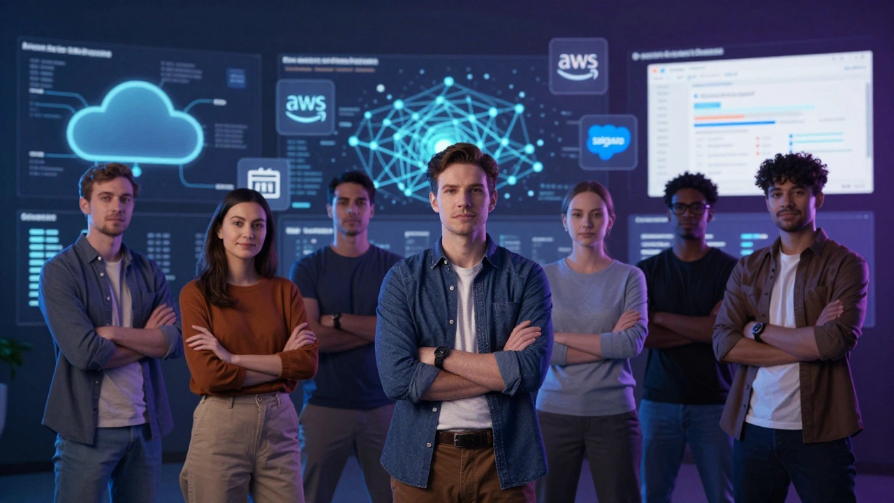 A group of people standing before digital dashboards showing cloud and design tools.