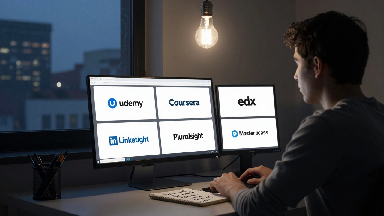 A lone learner surrounded by six learning platform tabs, with a glowing lightbulb above and a notebook showing 'Start small'.