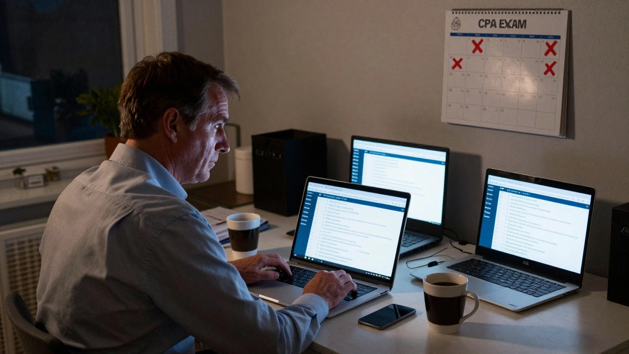 A professional working alone at night on the CPA exam, surrounded by coffee cups and glowing screens.