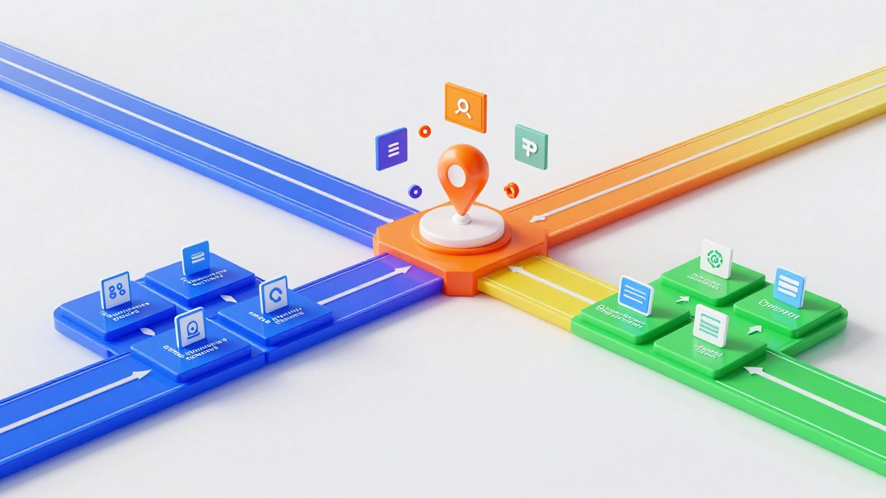 Abstract 3D illustration of different online learning pathways and platforms.