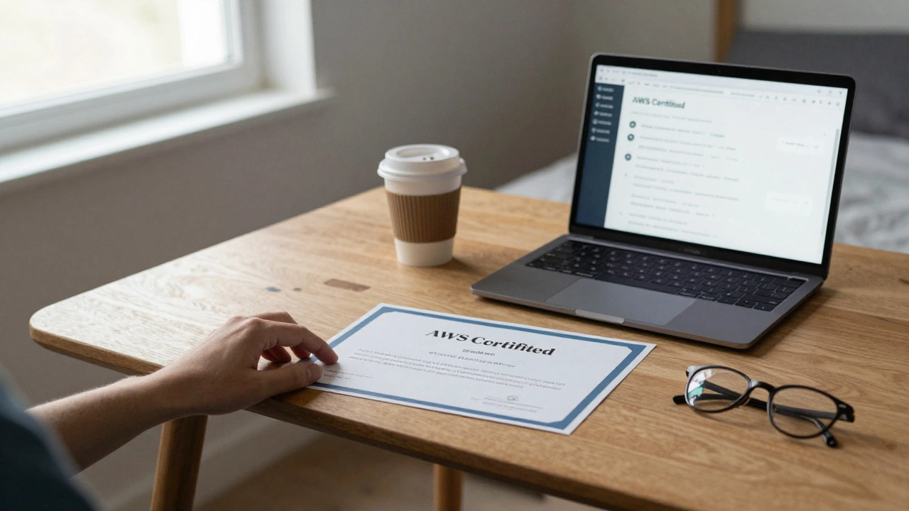 An AWS certification certificate placed next to a laptop with GitHub projects open.